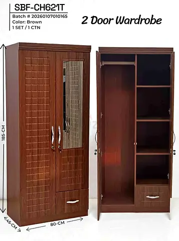 Brown 2-Door Wardrobe with Mirror  Shelves (185 cm)