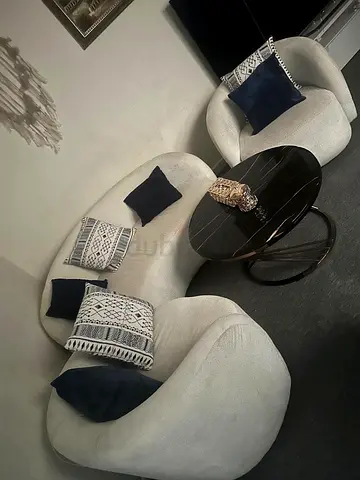 Pair of Curved Modern Accent Chairs and Side Table - Light Beige