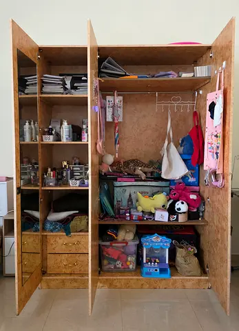 Spacious Wooden Wardrobe with Multiple Shelves and Drawers — Good Condition