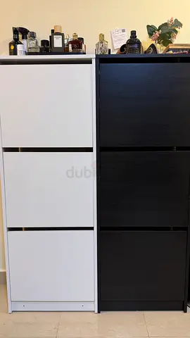 Pair of Tall Shoe Cabinets (White + Dark Brown) - IKEA-style, Slim Profile
