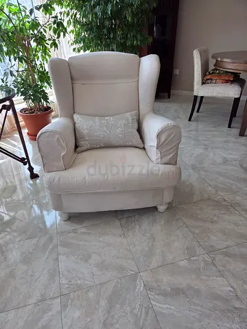 Pair of Cream Upholstered Wingback Armchairs – Good Condition