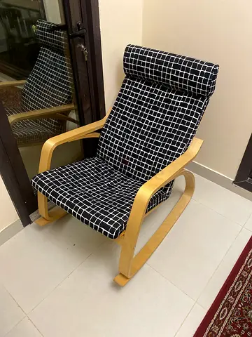IKEA Poäng-style Armchair with Black  White Grid Cushion