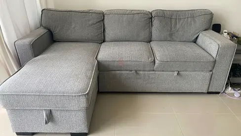 Grey L-shaped Fabric Sofa with Storage — Good Condition