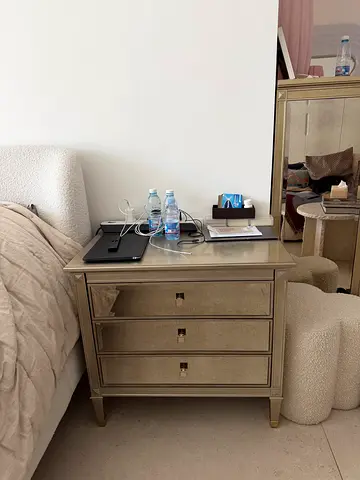 Caracole pair of 3-Drawer Nightstands  matching drawers chest silver leaf finish  antique mirror