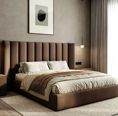 Modern upholstered customize king bed with tall channel-tufted headboard