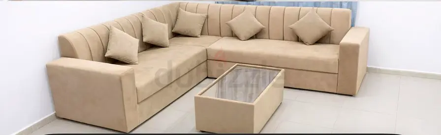 Beige L-shaped Corner Sofa with Matching Coffee Table - Good Condition