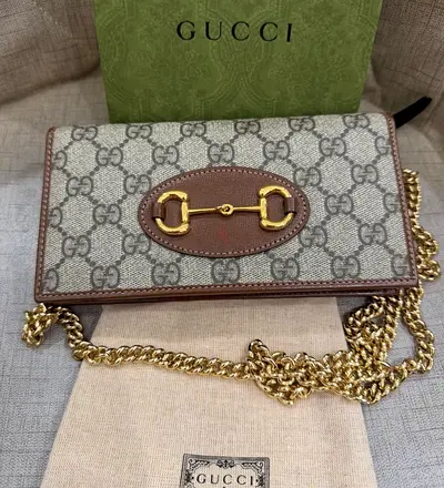 Gucci Horsebit Signature Canvas Chain Wallet/Shoulder Bag - Beige/Tan
