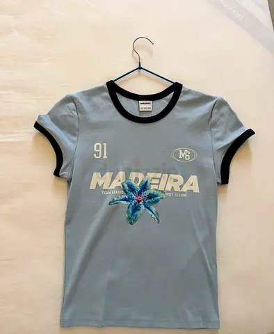 Bershka Marine Light Blue Women’s Graphic Ringer T-Shirt Size Medium