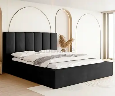 Brand New Modern Black King Size  Upholstered Platform Bed with Tall Padded Headboard