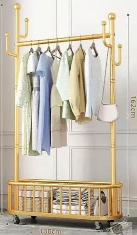 Gold Metal Garment Rack with Bottom Storage and Wheels - 162cm High
