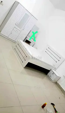 White Wooden king size Bed Frame with three door Wardrobe and two side table.