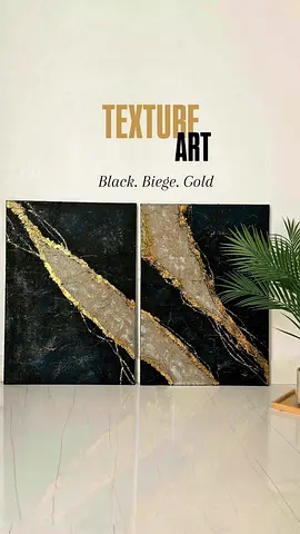 Handmade Textured Abstract Diptych - Black, Beige  Gold