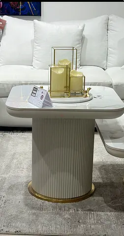 Modern White Marble-Top Side Table with Gold Trim