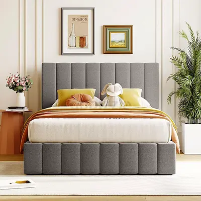 Modern Upholstered Grey Double Bed with Padded Headboard