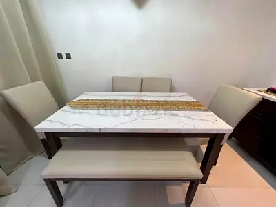 4-Piece Dining Set with Marble-Top Table, Bench  Chairs - Dark Wood