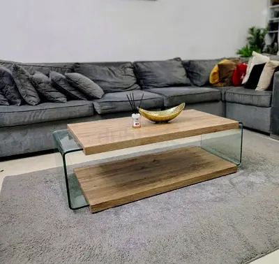 Modern Glass-Sided Coffee Table with Wood Shelves - Good Condition