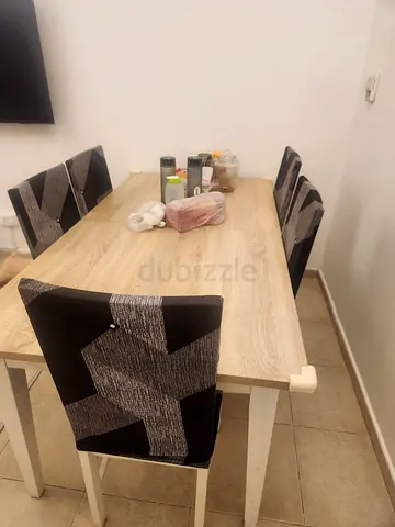 Wooden Dining Table with 6 Upholstered Chairs - Light Oak Finish