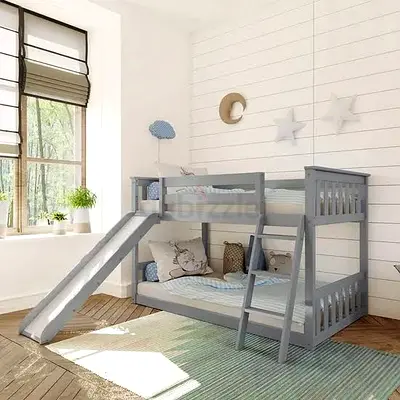 Grey Wooden Bunk Bed with Slide — Twin over Twin