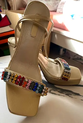 Beige high-heel sandals with multicolored crystal strap, size available