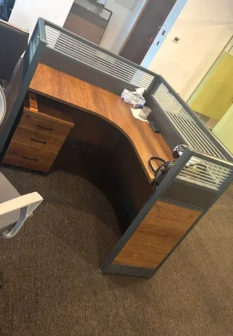 L-shaped Office Workstation Cubicle with Drawer Pedestal - Wooden Finish