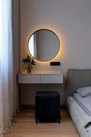 Round LED Backlit Wall Mirror with Small Floating Vanity Drawer