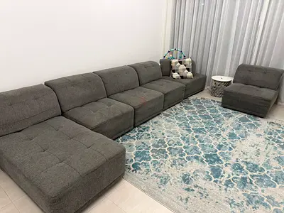 Large Modular Grey Fabric Sofa Set with Ottoman