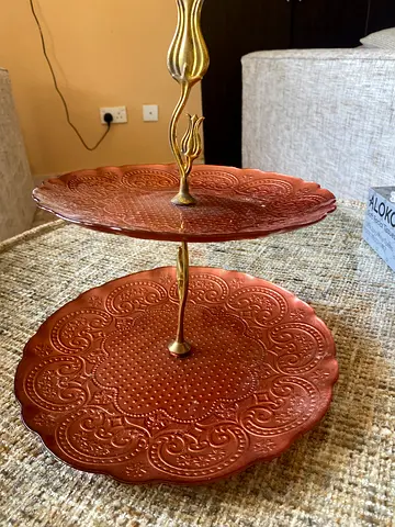Two-tier decorative serving tray / cake stand — copper finish