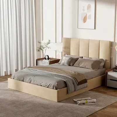 King Size Upholstered Bed Frame with Padded Headboard - Beige