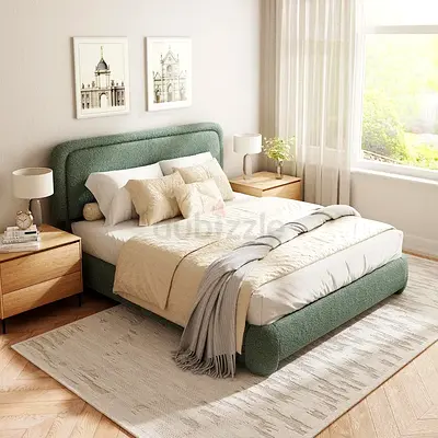 Round edges thick green boucle king bed