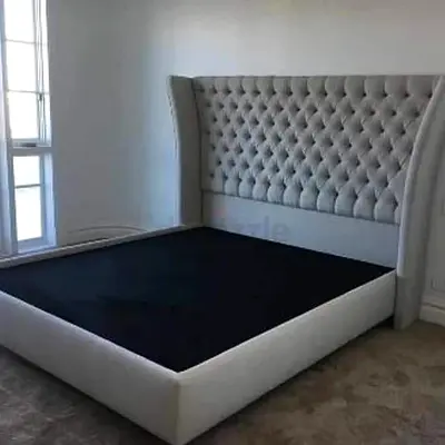 Upholstered King Bed Frame with Winged Tufted Headboard