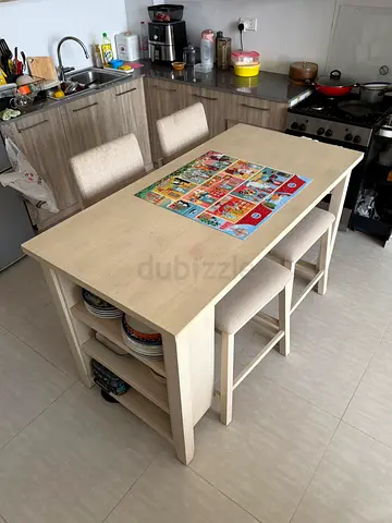 Wooden Kitchen Island with Built-in Storage and Stools