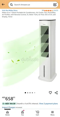 Midea 4-in-1 Silent Portable Air Conditioners, Air Cooler, Fan, Humidifier, Air Purifier, with Remot