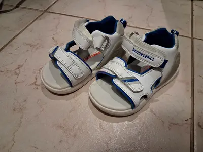 Each pair 75 aed, Baby/toddler white  blue Biomecanics sandals - good condition, size approx. EU 20