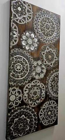 Decorative wooden wall panel with mosaic mandala design