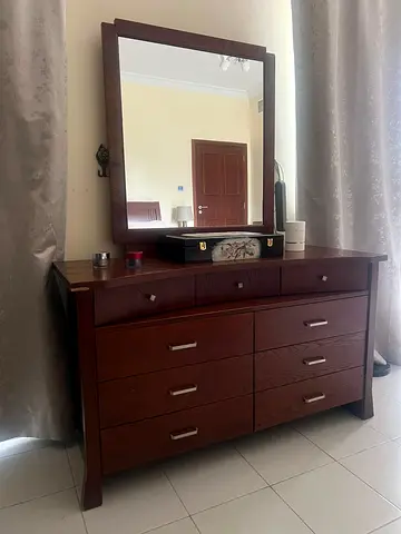 Solid Wood Dresser with Large Mirror - 9 Drawers, Dark Cherry Finish