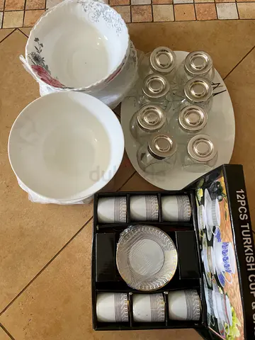 Assorted dinner bowls and 12-piece Turkish tea cup set - good condition