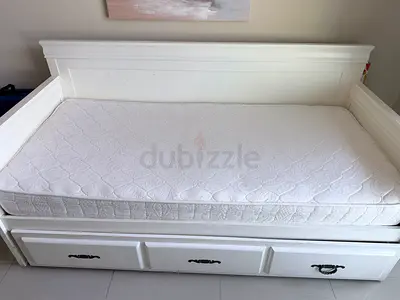 White Wooden Single Bed Frame with Mattress, bed size 120x200, and mattress used for three months on