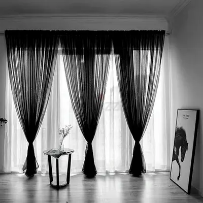 Black Sheer Curtains / Drapes - Set of 3 Panels, Light-Filtering