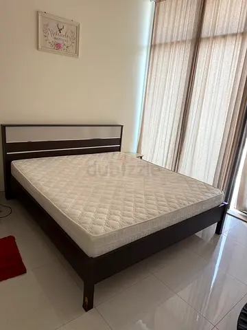 Queen wooden bed frame with headboard and mattress (good condition)