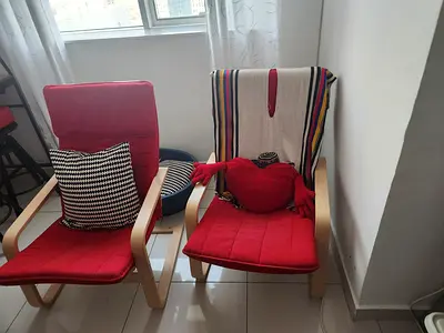 Set of 2 Red Padded Wooden Armchairs (IKEA-style) - Good Condition
