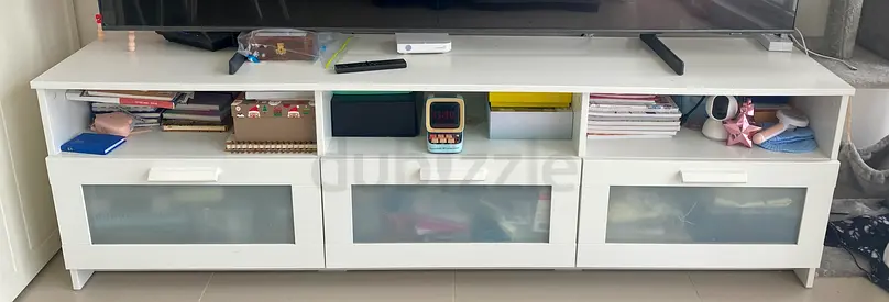 Low White TV Console with Storage Drawers - Good Condition