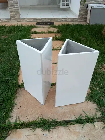 Pair of White Triangular Ceramic Planters — Modern Outdoor/Indoor