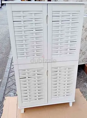 White Tall Storage Cabinet with Louvered Doors - 4 Doors