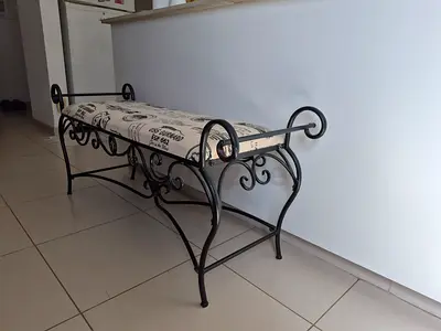 Wrought Iron Upholstered Bench with Scroll Details