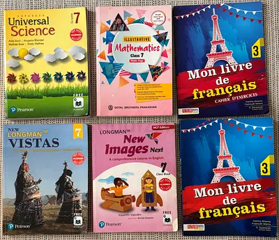 Set of 6 CBSE Indian School (OOD)Textbooks (Class 7) — Science, Maths, English  French.