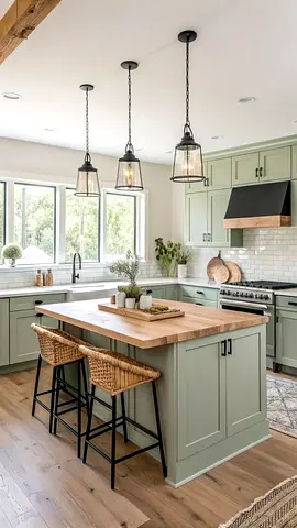 Solid Wood Kitchen Island with Rattan Bar Stools and Pendant Lights