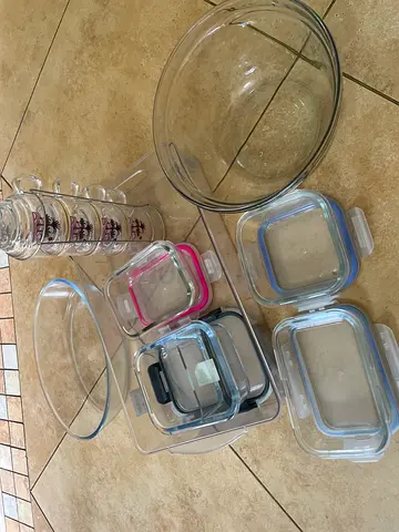 Mixed set of glass bowls, storage containers and stacking cups - good condition