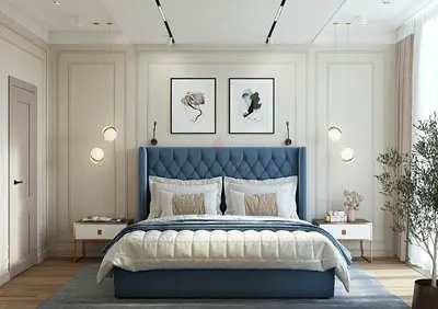 Blue Upholstered customize King Bed with Tufted Headboard  with Mattress