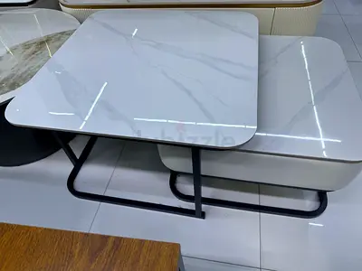 Pair of Modern Nesting Marble-Effect Coffee Tables with Metal Base