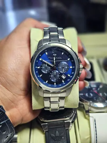 Mens stainless steel chronograph watch with blue dial